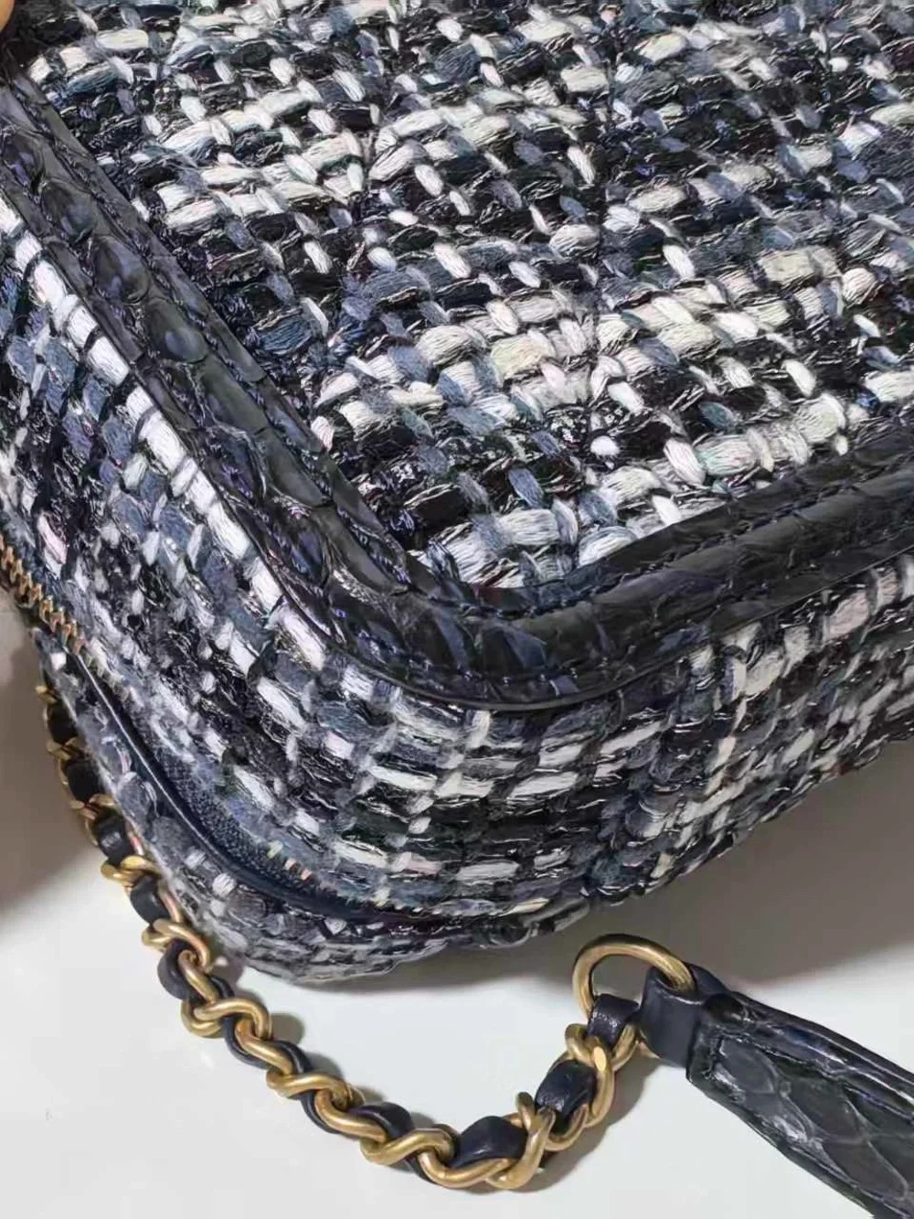 CHANEL Black and White Tweed Vanity Crossbody with Gold Chain